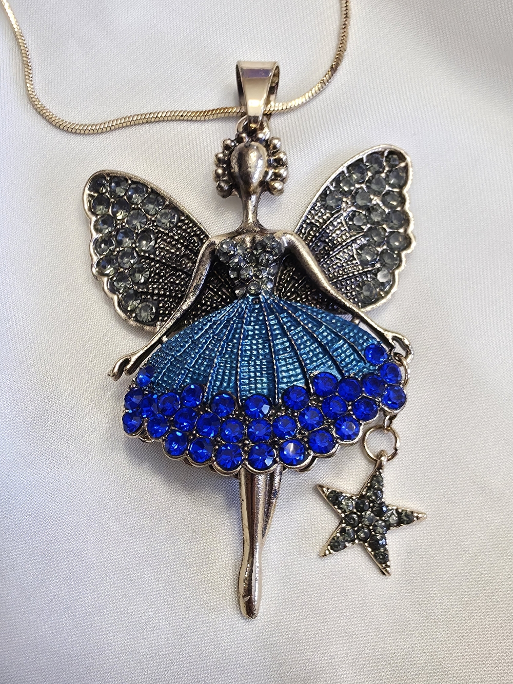 Blue Crystal Ballerina Fairy Pendant Necklace In Gold Tone